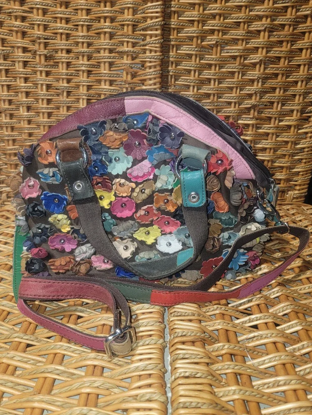Leather Flowers Multicolor Fall Medium Hobo Y2K Handbag Applique pp5900